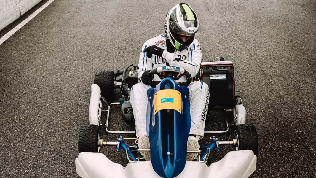 Samuel Tavenaux at the wheel of his kart, out on track